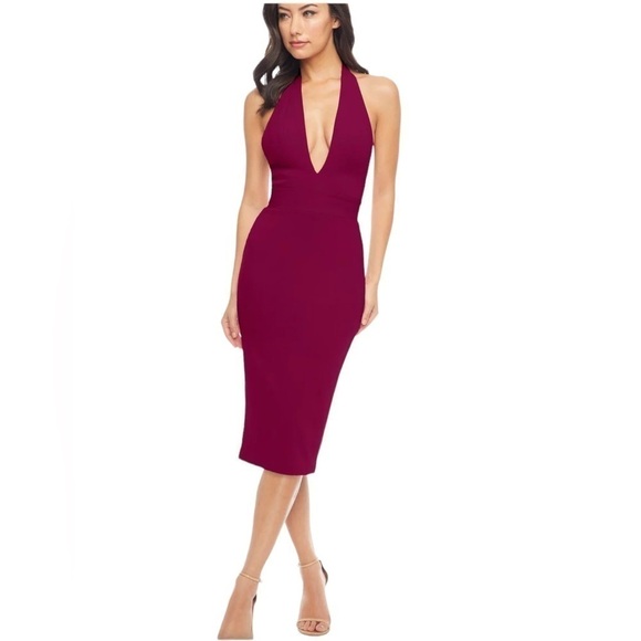 Dress The Population Vanessa Halter Body Con Plunge Midi Dress XS NWT - Picture 1 of 12